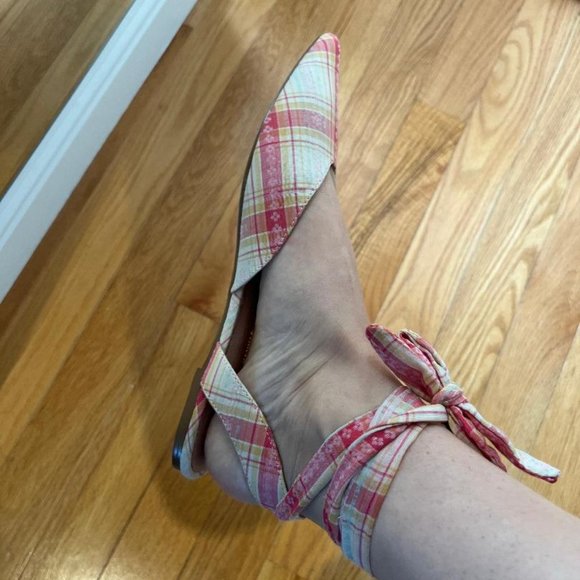NIB Anthropologie Ankle Tie D'Orsay Bohemian Flats in Pink/Yellow Plaid - 9M - Picture 3 of 9